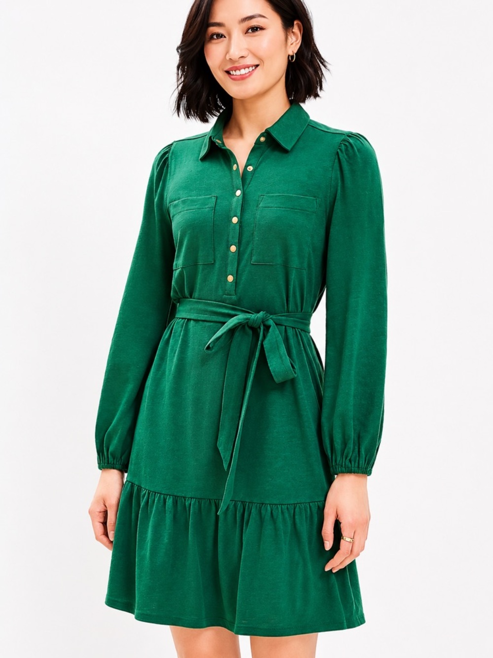 LOFT 100% Cotton Emerald Green Long-Sleeve Tie-Waist Shirt Dress (rack)